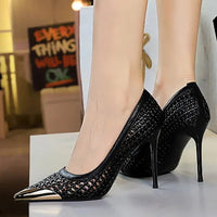 Fashion Metal Decoration Pointed Toe Pumps Woman Thin Heels Sexy Hollow Out Ladies Shoes