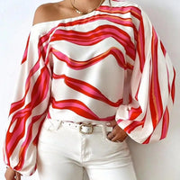 Elegant Printed Sleeve Shirt Independent Station Cross-Border Women's Long Sleeve One-Shoulder Loose Top Commute Style