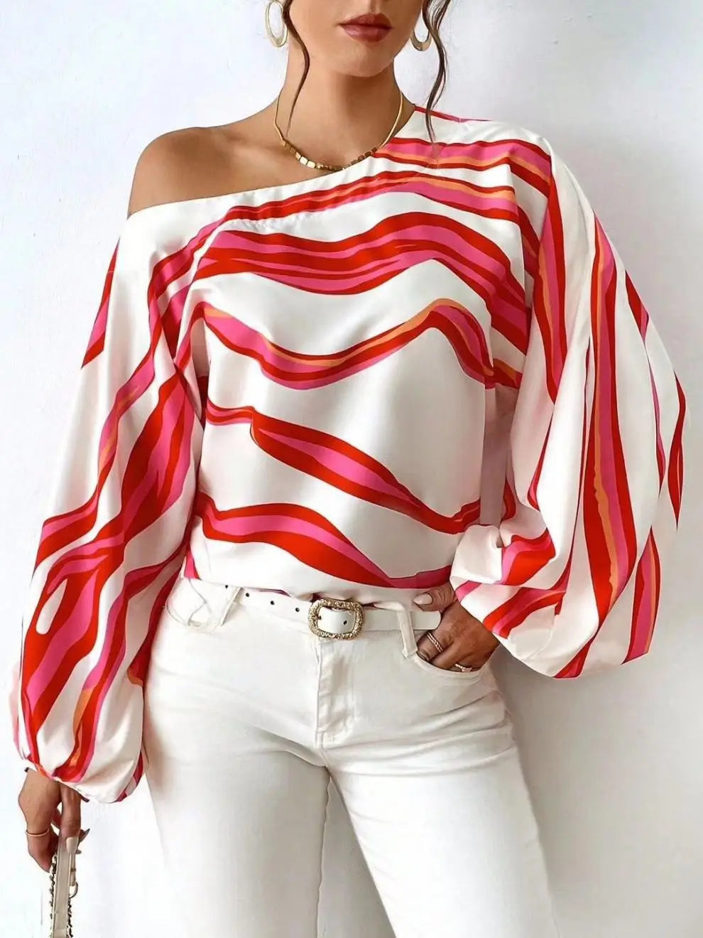 Elegant Printed Sleeve Shirt Independent Station Cross-Border Women's Long Sleeve One-Shoulder Loose Top Commute Style