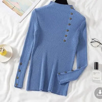 Half High Neck Sweater Women's New Style Pullover Knit Sweater with Button Up Long Sleeves Slim Fit Tight Fitting Bottom Shirt