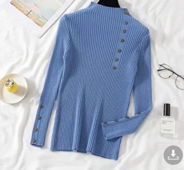 Half High Neck Sweater Women's New Style Pullover Knit Sweater with Button Up Long Sleeves Slim Fit Tight Fitting Bottom Shirt