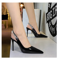 Fashion Women Pointed Toe Patent Leather High Heels Shallow Vamp Rhinestone Decorated Backless Strap Dress Shoes