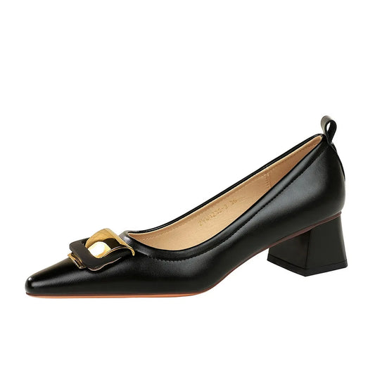 Professional Women's Shoes With Shallow Mouth Small Square Toe Metal Buckle 4.5CM Thick Heel Shoes