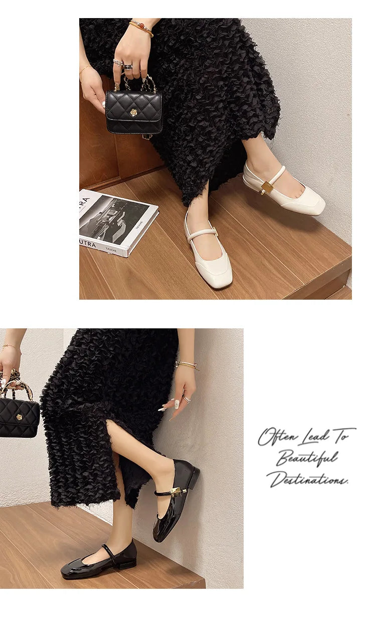 Women Mary Jane Shoes French Retro Square Toe Low Heels Shoes Women's Comfortable Ballet Shoes