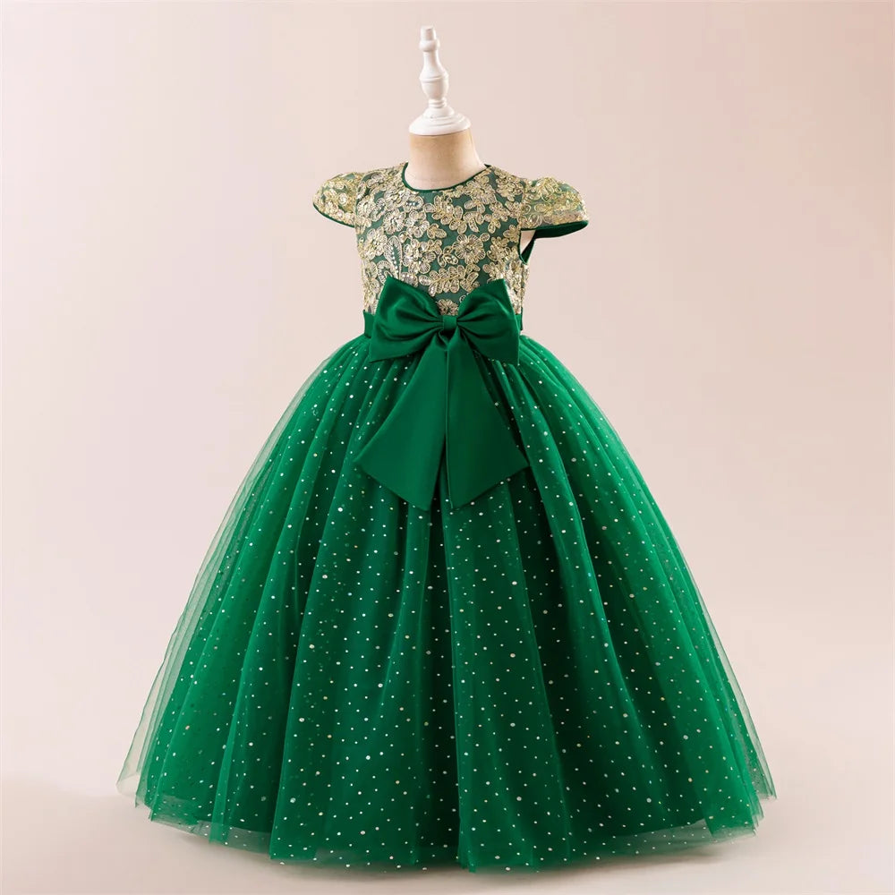 Girls Flower Embroidery Party Dress Kids Big Bow Long Wedding Bridesmaid Prom Gown Girl Fashion Lace Birthday Clothes Costumes