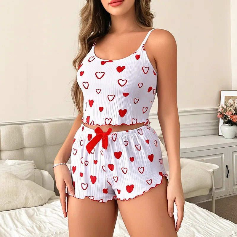 Cute Pajamas For Women Strawberry Print PJ Set Crop Cami Tops And Shorts Set 2 Piece Lounge Sets
