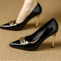 French Style Single Shoes Spring Women Pumps New Pointed Toe Shallow Mouth Metallic Buckle Commuting Shoes Stiletto Single Shoes