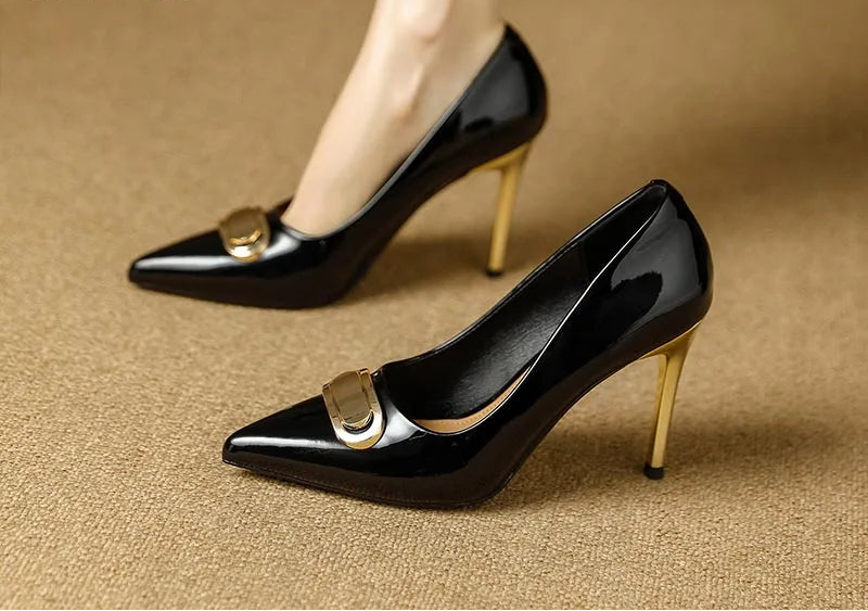 French Style Single Shoes Spring Women Pumps New Pointed Toe Shallow Mouth Metallic Buckle Commuting Shoes Stiletto Single Shoes