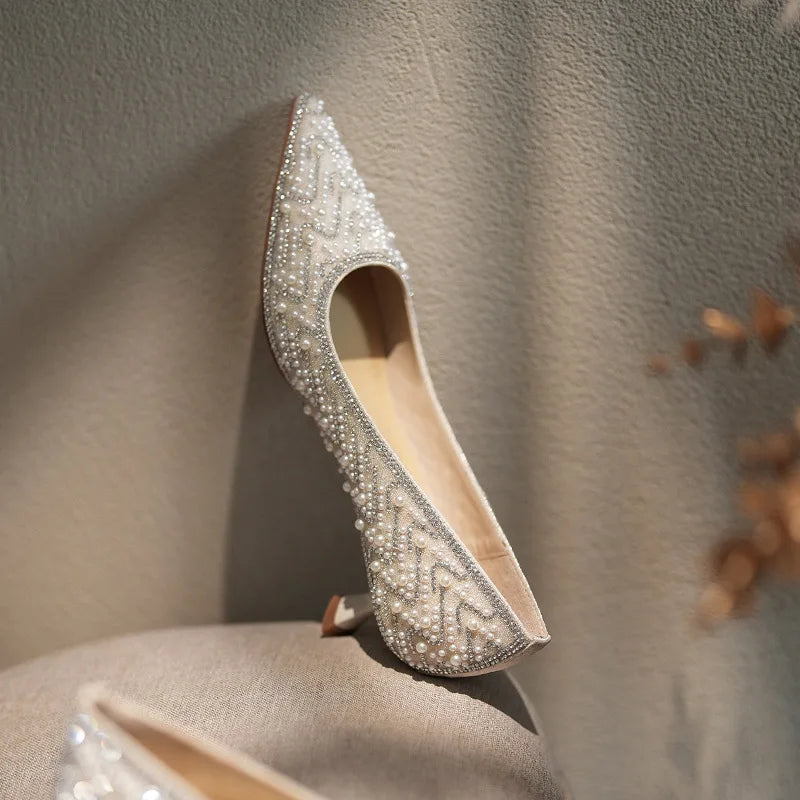 Autumn New Starry Sky, Water Diamond, Pearl High Heels, Luxury Bridesmaid Wedding Dress, Bridal Shoes