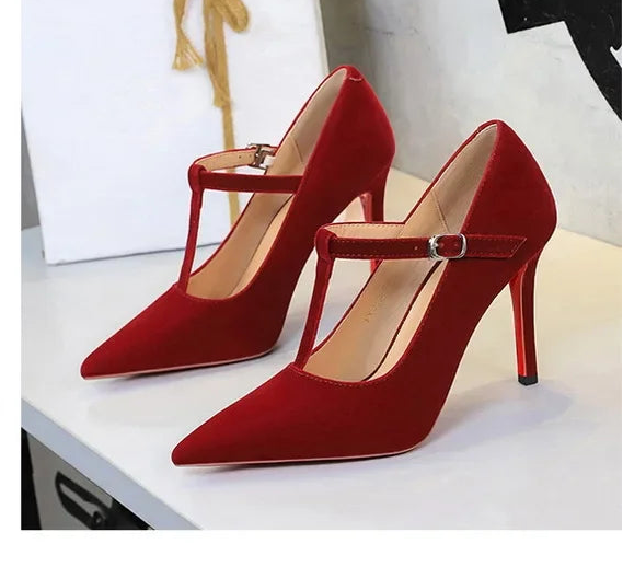 Red Bottoms Buckle Strap Shoes Fashion Pointed Toe Pumps Women Wedding Shoes