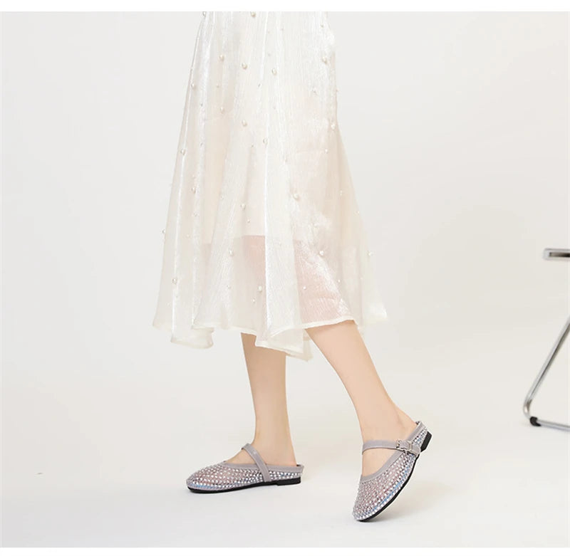 Luxury Shinny Diamond Women Mules Slippers Summer Shoes Crystal Footwear Rhinestones Slip On Brand Mary Jane Sandals Mesh Clogs