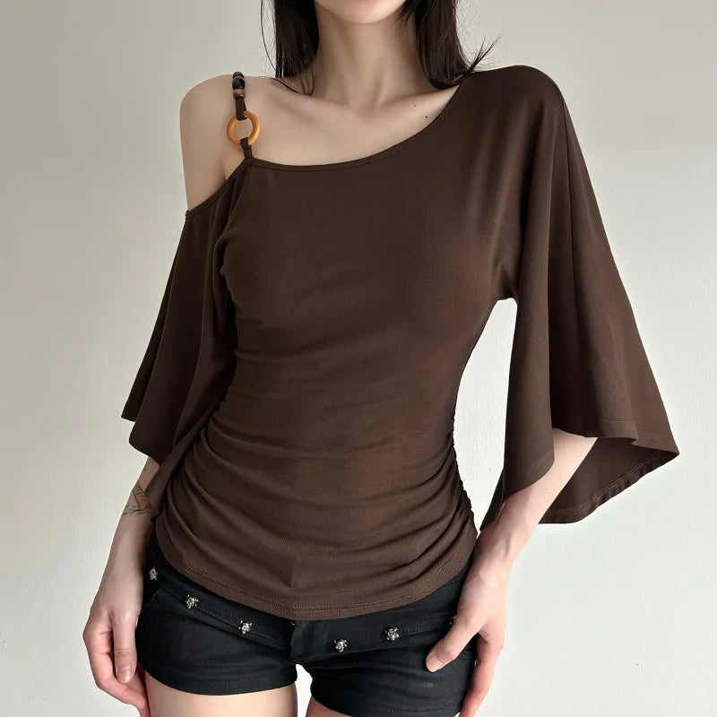Retro Spice Girl T-shirt Collar Pleated Off Shoulder Beaded Slanted Short Sleeved Summer Casual Slimming Fit Top for Women