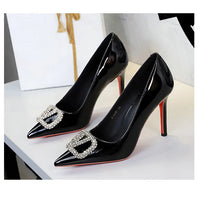 Banquet Pointed High Heels, Shallow Metal Rhinestone Thin Heel Patent Leather High Heels