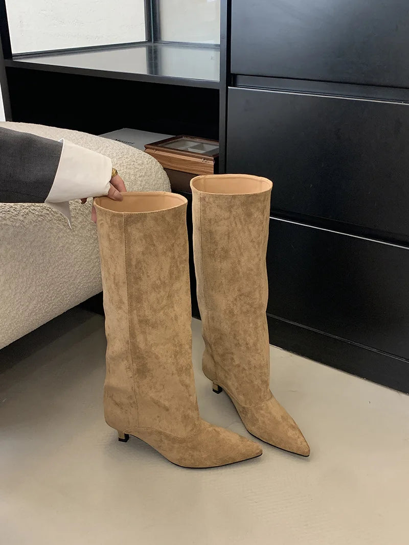 Street Style Pointed Toe Knee-High Boots Women Low Heels Shoes Female Long Booties Women Shoes