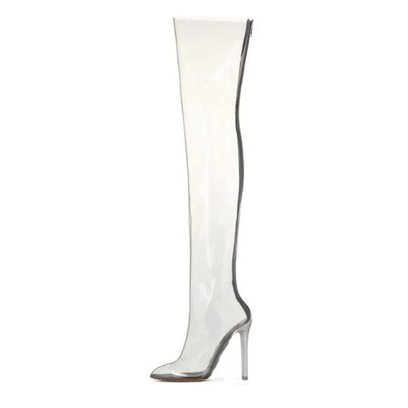 Sexy Transparent PVC High Heels Thigh Boots Pointed Toe Crystal Heels Women Clear Over The Knee Runway Stage Boots