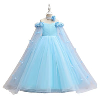 Girls' Off Shoulder Long Cape Dress, Solid Color Mesh Wedding Flower Girl Birthday Party Princess Dress for Young Girl