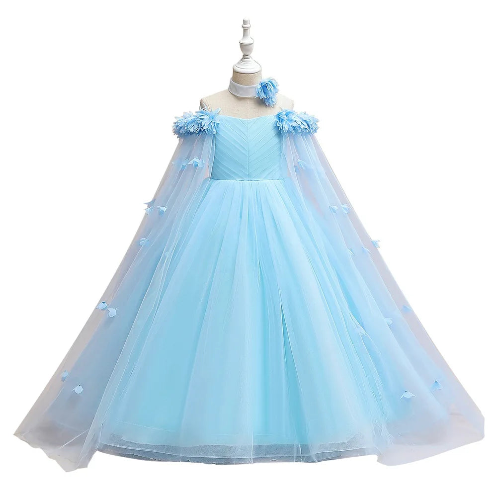 Girls' Off Shoulder Long Cape Dress, Solid Color Mesh Wedding Flower Girl Birthday Party Princess Dress for Young Girl