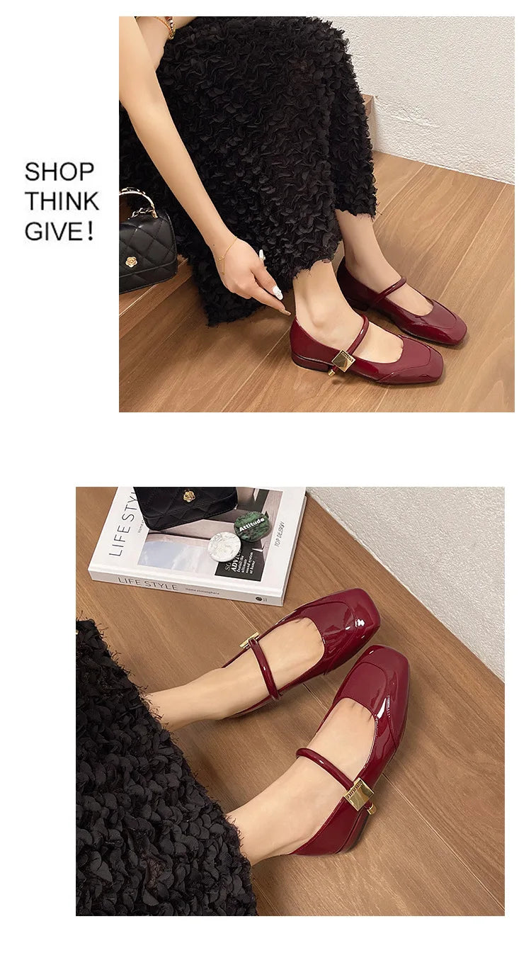 Women Mary Jane Shoes French Retro Square Toe Low Heels Shoes Women's Comfortable Ballet Shoes