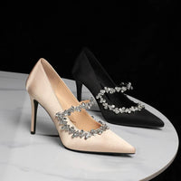 Elegant French Style High Heels Women's Satin Pointed Toe Shoes with Water Diamond Decoration Thin Heel Single Shoes