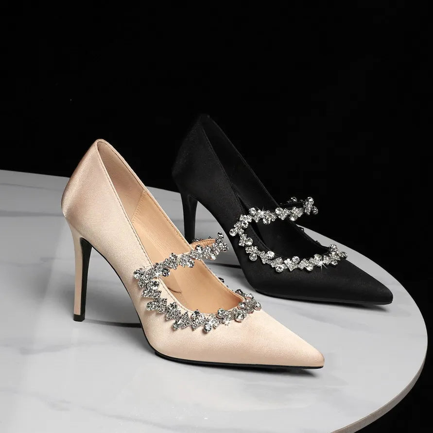 Elegant French Style High Heels Women's Satin Pointed Toe Shoes with Water Diamond Decoration Thin Heel Single Shoes