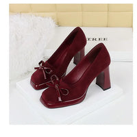 Chunky Block Heels Women Pumps Bow Decoration High Heels Square Headed Platform High Heels Suede Ladies Shoes