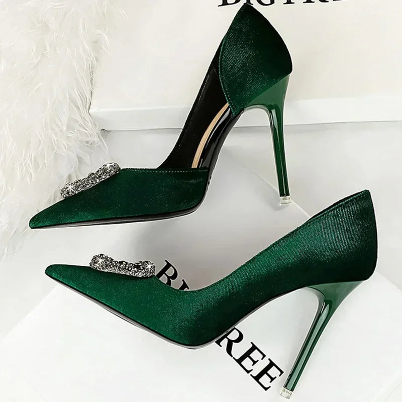 Women 10.5cm Super High Heels Pointed Toe Side Hollow Work Pumps Metal Crystal Buckle Velvet Stiletto Fashion Banquet Lady Shoes