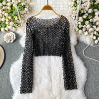 Women Plaids Sequined Embroidery Mesh Spliced T-shirt Slim High Waist Pearls Beaded Gauze Tees O-Neck Long Sleeved Crop Tops