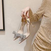 Women's Sexy Evening Wedding Shoes Thin Heels Pumps Shiny Diamond Inlaid Bridal Shoes Pointed Toe Bow Pumps for Women - Natalia Home Fashion