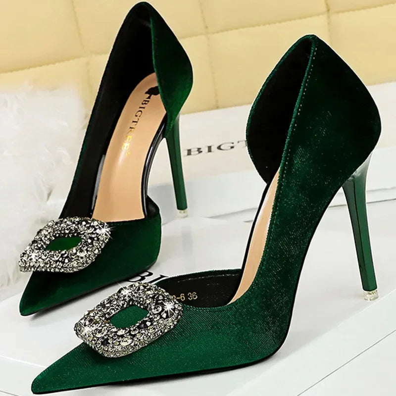 Women 10.5cm Super High Heels Pointed Toe Side Hollow Work Pumps Metal Crystal Buckle Velvet Stiletto Fashion Banquet Lady Shoes