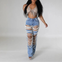 Heavy Duty Denim Jeans Women's High Waist High Elasticity Hole Punching Beading Long Pants Trendy Spicy Girl Style