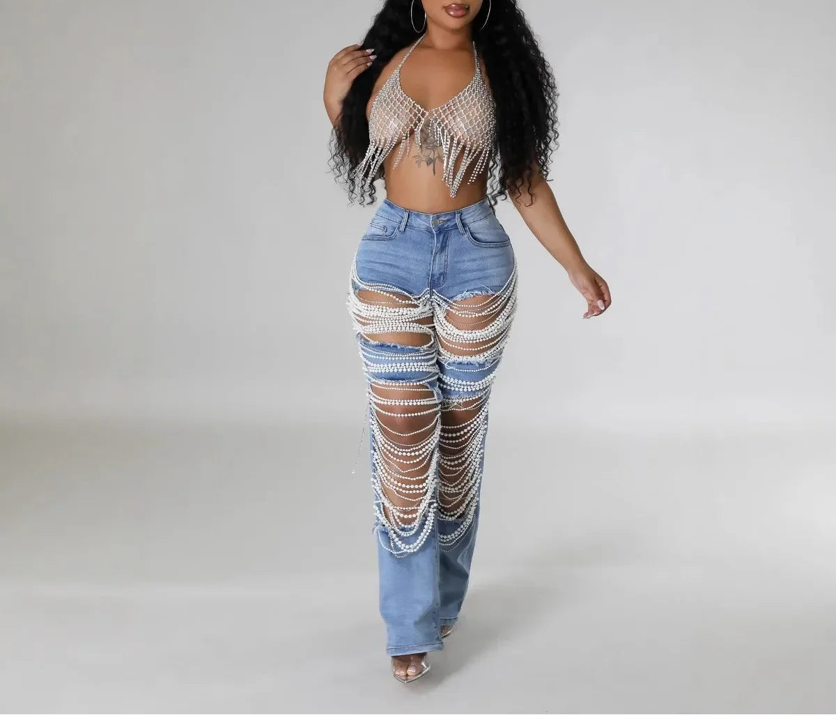 Heavy Duty Denim Jeans Women's High Waist High Elasticity Hole Punching Beading Long Pants Trendy Spicy Girl Style