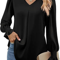 Fashion Simple Solid Color Pullover Shirt Women Loose V-neck Flared Sleeve Shirts Top Female Elegant Commuting Clothing