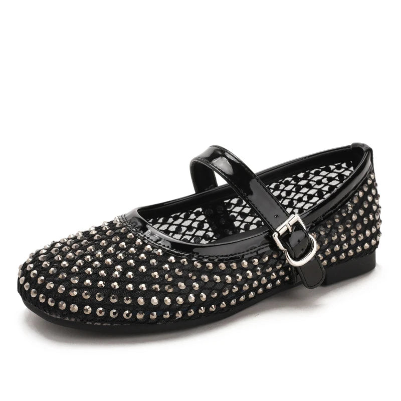 French-style rhinestone mesh Mary Jane shoes, breathable shallow single shoes, fairy-style soft-soled flat shoes