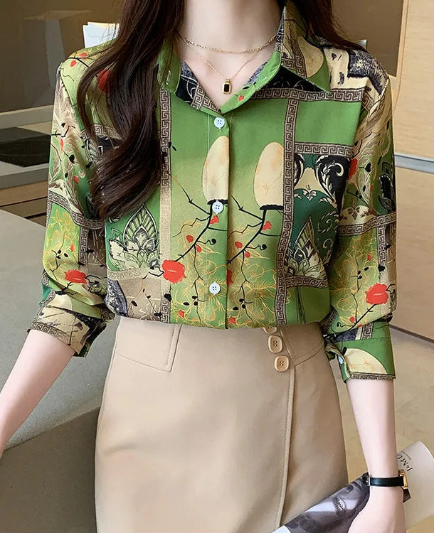 Slim Floral Long-sleeved Shirt Loose Printed Top for Women
