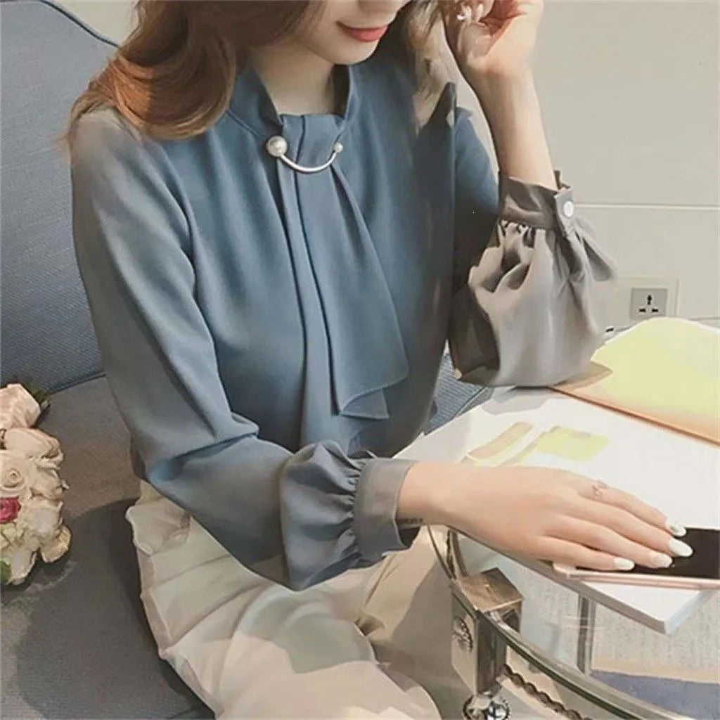 Summer Style Ring Buckle Design Lantern Sleeve Hooded Chiffon Long Sleeve Base Shirt Women's Top