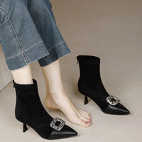 Fashionable Slim Fit Diamond Decorated Pointed Toe High Heel Bootie Mid-Calf Zipper Closure Leather Boot for Women