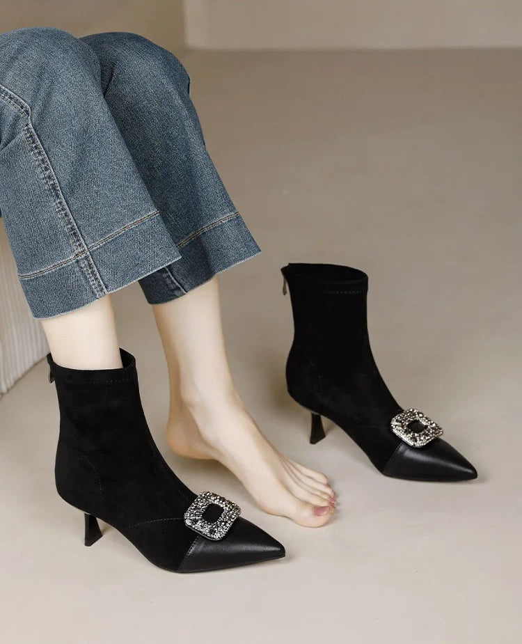 Fashionable Slim Fit Diamond Decorated Pointed Toe High Heel Bootie Mid-Calf Zipper Closure Leather Boot for Women