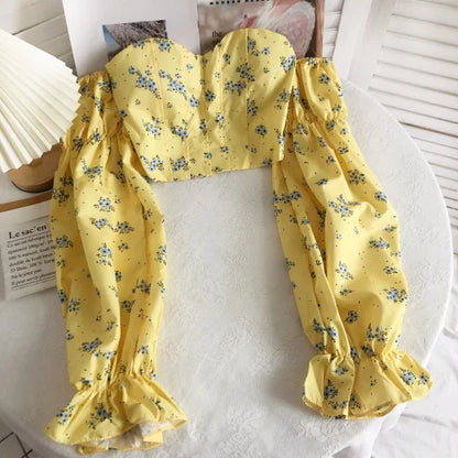 Chic Crop Tops Blouses Women Sexy Lady Slash Neck Flare Sleeve Floral Sweet Long Sleeve Crop top Shirts