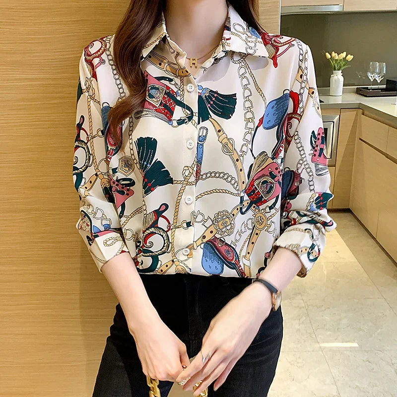 Fashion chain print ladies shirts Spring Women Blouses Long Sleeve Shirts Tops