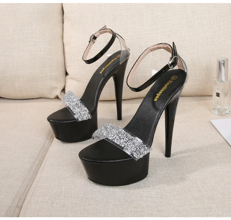 Fine Heel Crystal Women's Sandals Summer New 14.5 Cm High Heels Sexy Comfortable Ladies Wedding Shoes Catwalk Pole Dance
