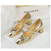 Heels Women Fashion CRYSTAL Pearl Pumps Square Toe Stripper Elegant Party Square Heel Ladies Shoes