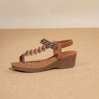 Bohemian Style Women's Sandals Summer Fashion Beach Slope Heel Slippers Beaded Diamond Slip-On round Toe PU Lined Mid Heel