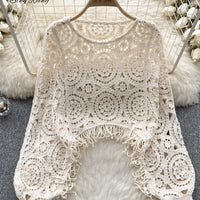 Casual Loose Knitting Top O Neck Hook Flower Hollow Long Sleeved Tassel Design Fashion French Vintage Blouse