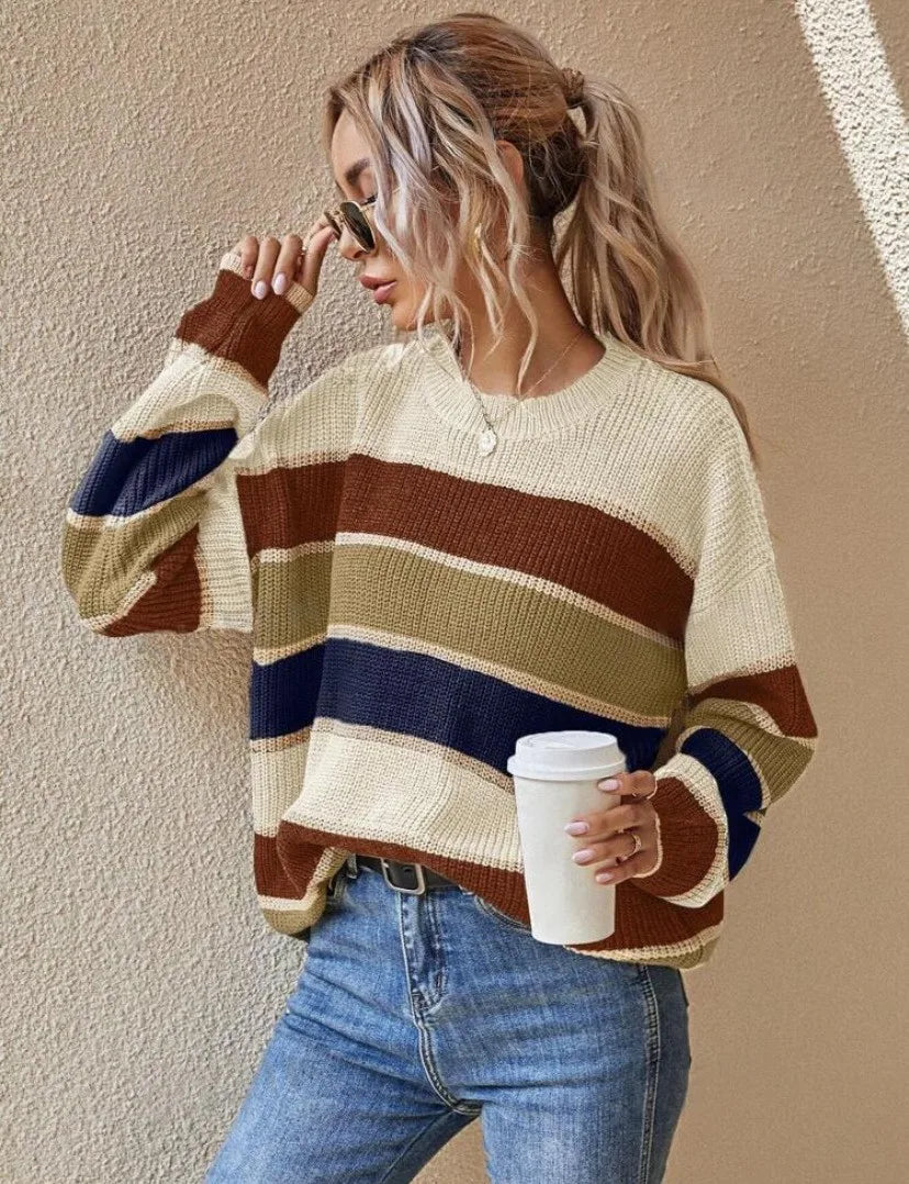 Women's Winter Clothing Oversized Striped Round Neck Ribbed Casual Sweater for Women Women's And Female Clothing Women's Winter Natalia Home Fashion    Natalia Home Fashion