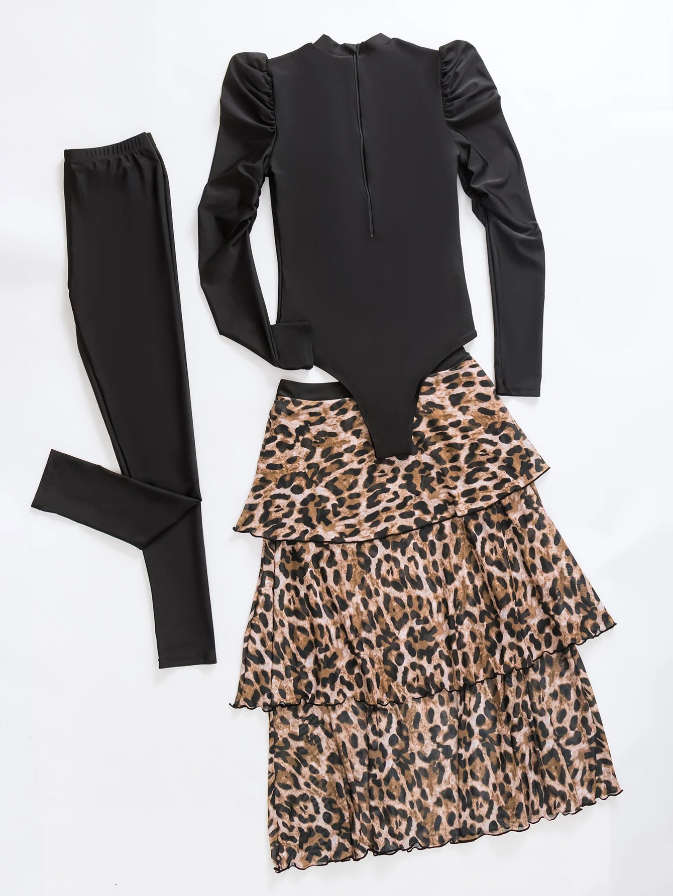 3pcs Muslim Burkini Modest swimsuit Black Long Sleeved Ladies Swimwear with Long Leopard Printed Dress beach swimsuit