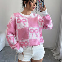 Loose Pink Bow Women's Sweater Fashion O-Neck Long Sleeve Sweater Lady Elegant Chic Pullover Top Female Clothing