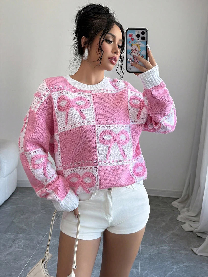 Loose Pink Bow Women's Sweater Fashion O-Neck Long Sleeve Sweater Lady Elegant Chic Pullover Top Female Clothing