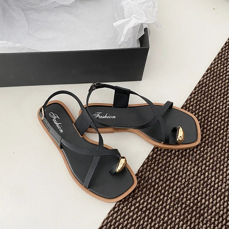 Women's Roman Style Toe-Over Sandals Flat Bottom Outdoor Wear Crossbody PVC Material Anti-Slip Low Heel Footwear