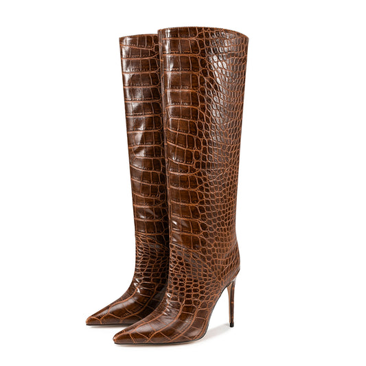 Embossed leather Mid-Calf boots Pointed toe Plush lining Slip-on Stilettos heels Modern boots - Natalia Home Fashion