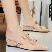 French Wedge Heel Pointed Head Sandals Versatile Bow Medium Heel Half Slippers Women